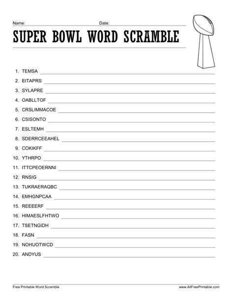Super Bowl Word Scramble Free Printable