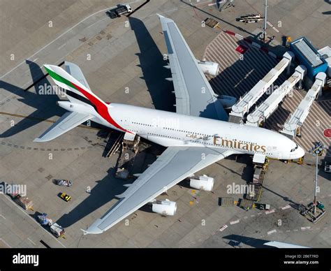 Emirates Airline Airbus A380 Parked At Airport Terminal After Arrival