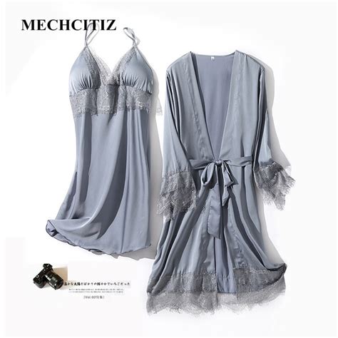 Mechcitiz 2020 New Silk Robe Gown Set For Women Sexy Sleepwear Lingerie
