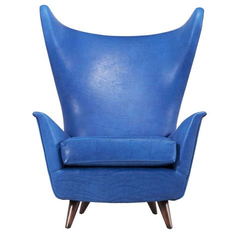 Italian Midcentury Wingback Chair In Sapphire Blue Leather At 1stdibs