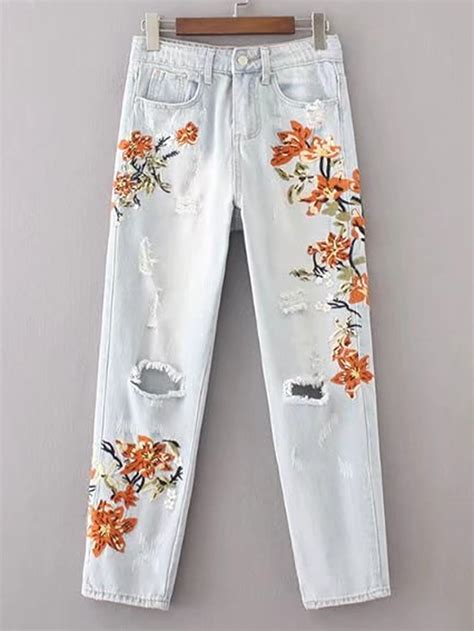 Flower Embroidery Ripped Detail Jeans In 2021 Flower Embroidered Jeans Embroidery Flowers
