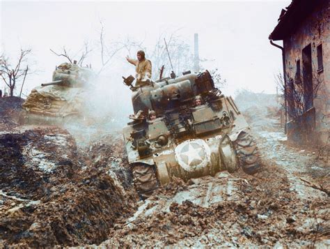 M4a3 Sherman Tanks Possibly Of The 9th Us Armored Division Stuck In