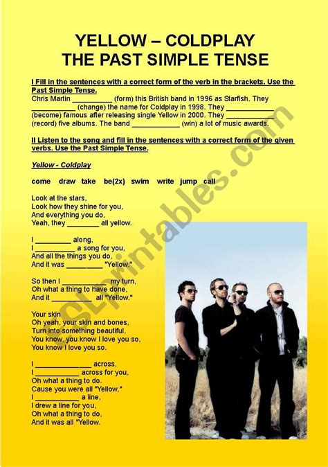 Yellow Coldplay Past Simple Esl Worksheet By Gosh85