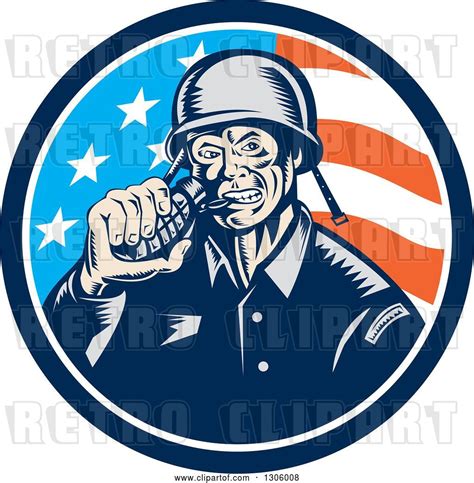 Vector Clip Art Of Retro Woodcut World War Two Soldier Biting A Grenade