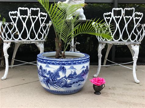 Large Blue And White Planter 18 X 12 Tall Chinoiserie Large Etsy