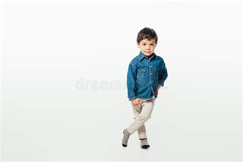 Cute Boy In Denim Shirt Looking Stock Photo Image Of Preschooler