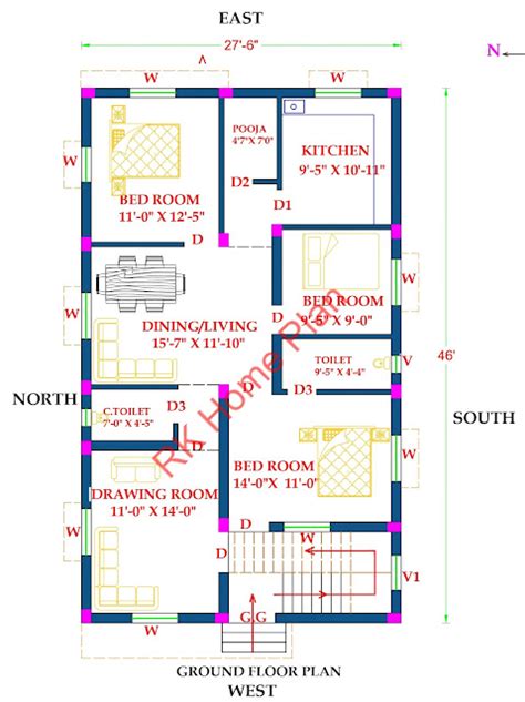 28 X 46 West Face 3 BHK House Plan As Per Vastu RK Home Plan