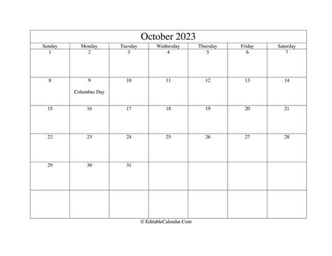 Download October 2023 Printable Calendar Holidays Pdf Version