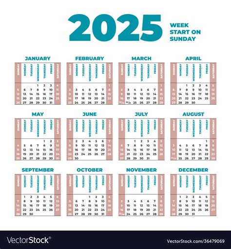 2025 Calendar Template With Weeks Start On Sunday Vector Image