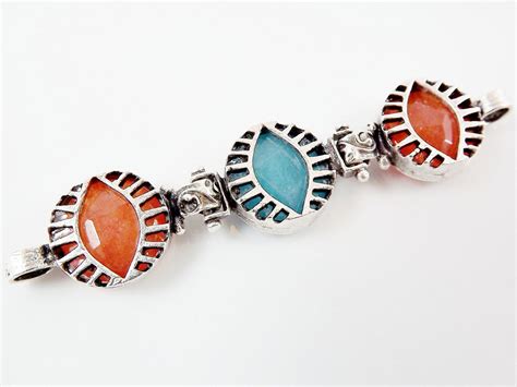 Trio Jade Stone Eye Bracelet Connector Turquoise And Orange Etsy Jade
