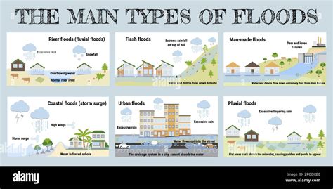 The Main Types Of Floods Flooding Infographic Flood Natural Disaster With Rainstorm Weather