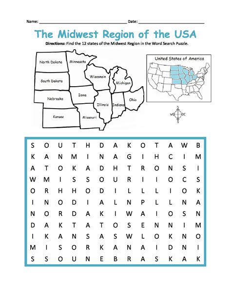 Midwest Region Of The United States Printable Map And Word Search