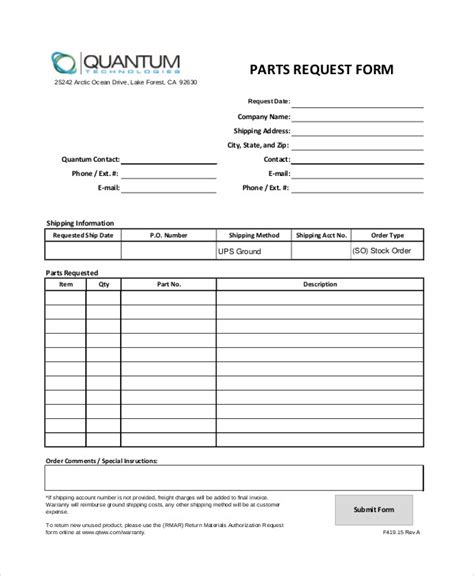 sample parts order form  examples  word
