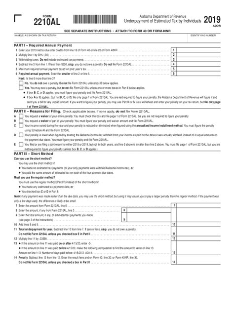 Printable Alabama Form 2210al Estimated Tax Penalties For Individuals