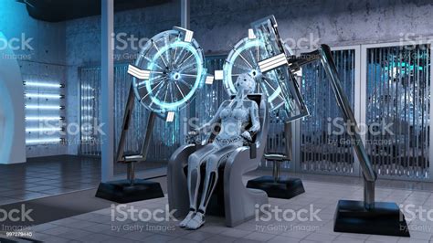 Humanoid Robot Female Android Sitting In A Chair In A Scifi Lab Cyborg