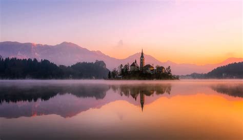 5374x3583 Landscape Village Dusk Building Hill Lake Bled Sunrise