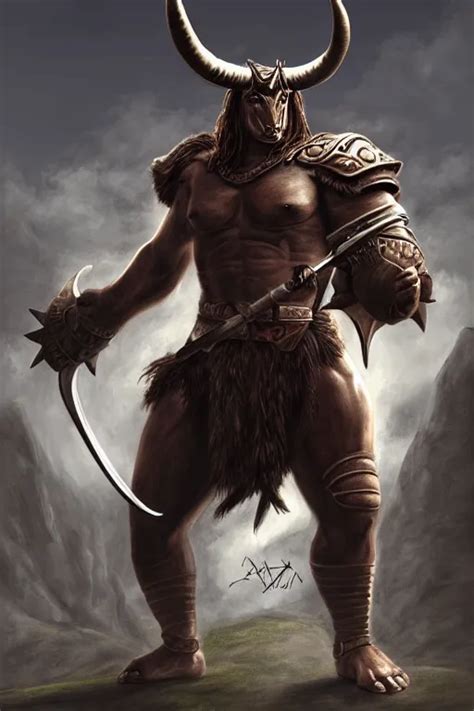 Giant Horned Minotaur Warrior With Two Swords Leather Stable