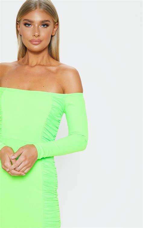 Neon Lime Bardot Ruched Side Pannel Bodycon Dress Prettylittlething