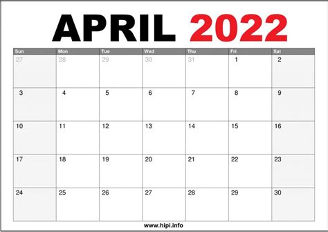April 2022 Us Calendar Printable