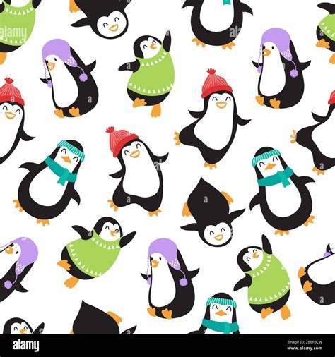 Cute Christmas Baby Penguins Vector Seamless Pattern Illustration Of