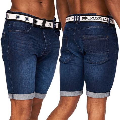 Mens Crosshatch Denim Chino Belted Shorts Stretch Slim Half Pant Cargo Jeans Ebay