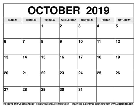 October 2019 Calendar Printable Templates Karen Cline