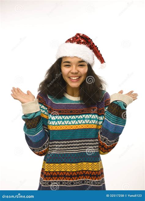 Cute Young Girl In Santas Red Hat Isolated Stock Photo Image Of