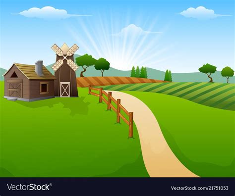 Farm Landscape With Shed And Windmill Royalty Free Vector Farm Backdrop