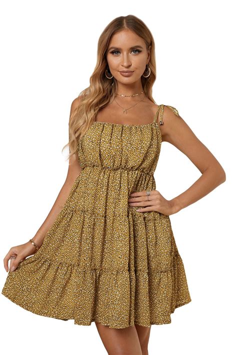 Us 798 Yellow A Line Layered Ruffled Floral Dress