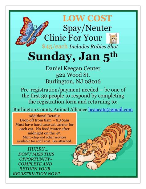 Information about the free to low cost spay and neuter program. Low Cost Spay/Neuter Clinic for CATS ONLY - Sunday, Jan ...