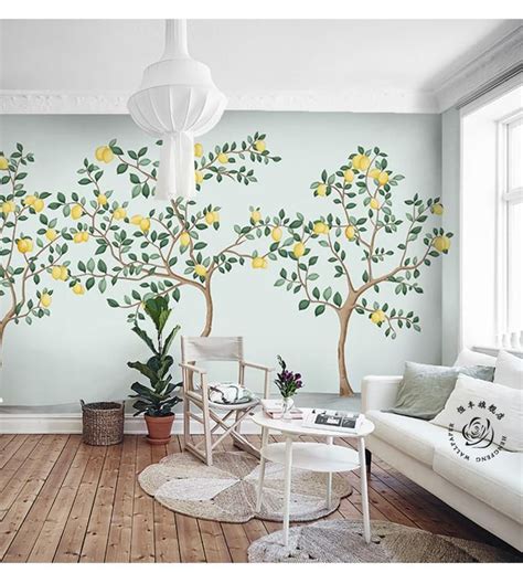 Abstract Watercolor Hand Painted Lemon Trees Wallpaper Wall Etsy