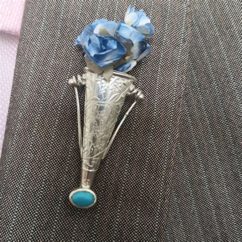 Turquoise Brooch Lapel Pin Vase Boutonniere With Floral Design Handmade