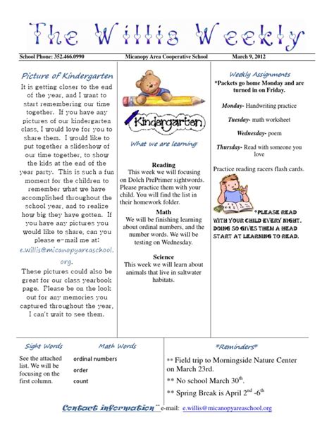 Picture Of Kindergarten Weekly Assignments Pdf