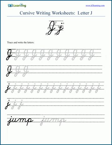 Some children can be very motivated to learn to write the alphabet in cursive and use it in their written work. Cursive writing: Letter J | K5 Learning