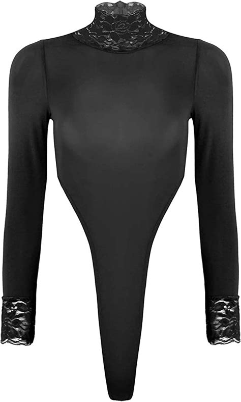 Freebily Women S Long Sleeve Spandex Lingerie Bodysuit Turtleneck High Cut Thongs