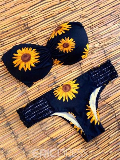 Ericdress Sexy Strapless Sunflower Print Bikini Set Bikinis Bathing
