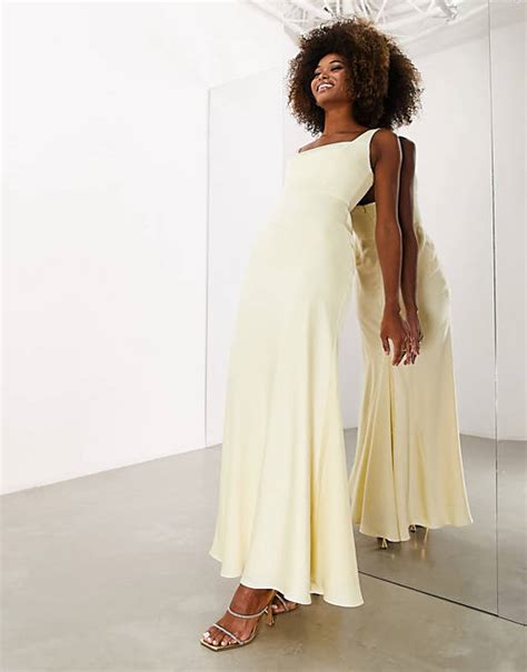 Asos Edition Satin Square Neck Maxi Dress In Lemon Asos