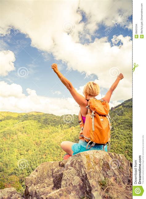 Hiking Woman Celebrating Inspirational Mountains Landscape