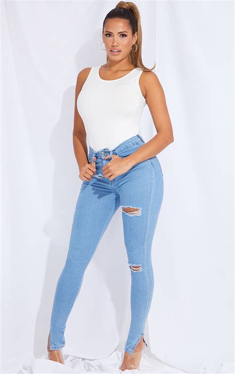 Shape Light Blue Wash Ripped Skinny Jeans Prettylittlething
