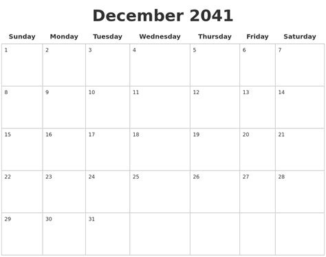 December 2041 Blank Calendar Pages