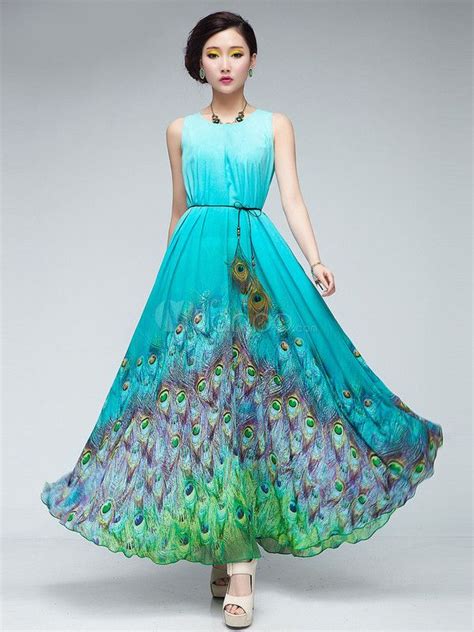 Peacock Printed Chiffon Maxi Dress Print Chiffon Maxi Dress Chiffon