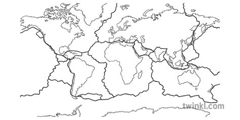 Tectonic Plates Map Black And White Illustration Twinkl