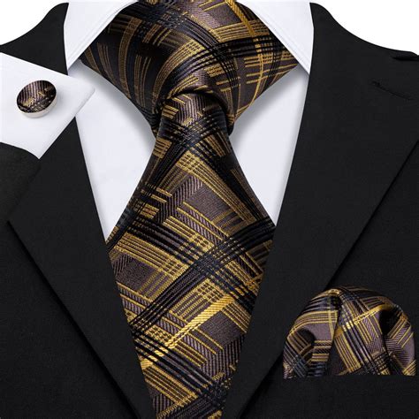 Brown Yellow Stripe Plaid Tie Pocket Square Cufflinks Set In Tie