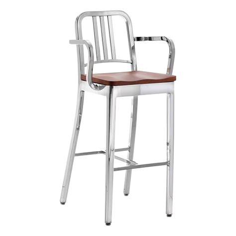 Emeco Navy Barstool With Arms In Brushed Aluminum And Cherry By Us Navy