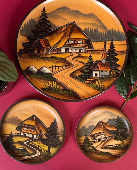 Decorative Wall Plates Set Of 3 Carved And Painted Decorative Wood