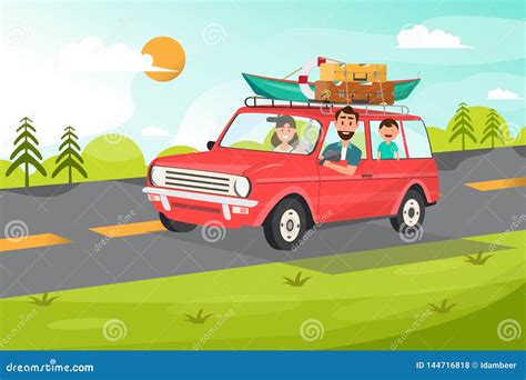 Familia Feliz Padre Madre Y Nios Yendo A Viajar En Coche Con El Fondo