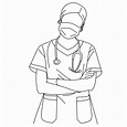 Illustration of line drawing a beautiful young surgeon or medical nurse ...