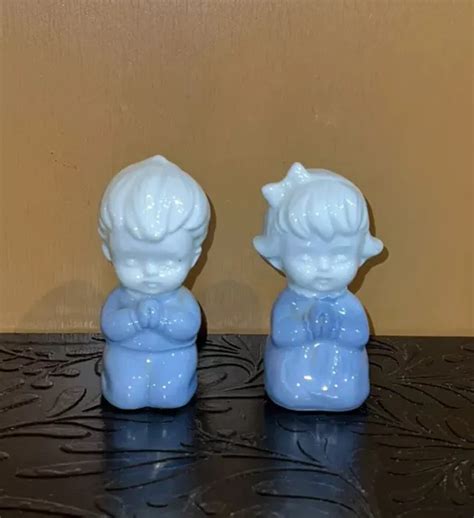 Vintage Inarco Japan Ceramic Praying Boy And Girl Kneeling Blue And