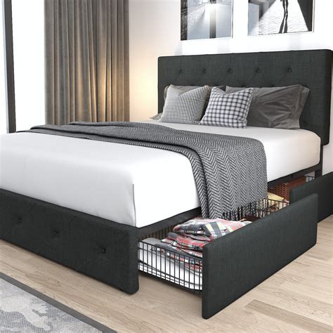 Amolife Queen Size Platform Bed Frame With Headboard And 4 Drawers Dark Grey