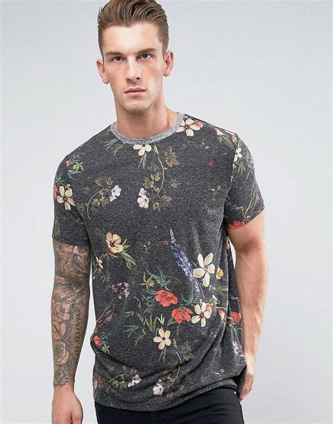 Asos Longline T Shirt With All Over Floral Print Gray Latest Mens